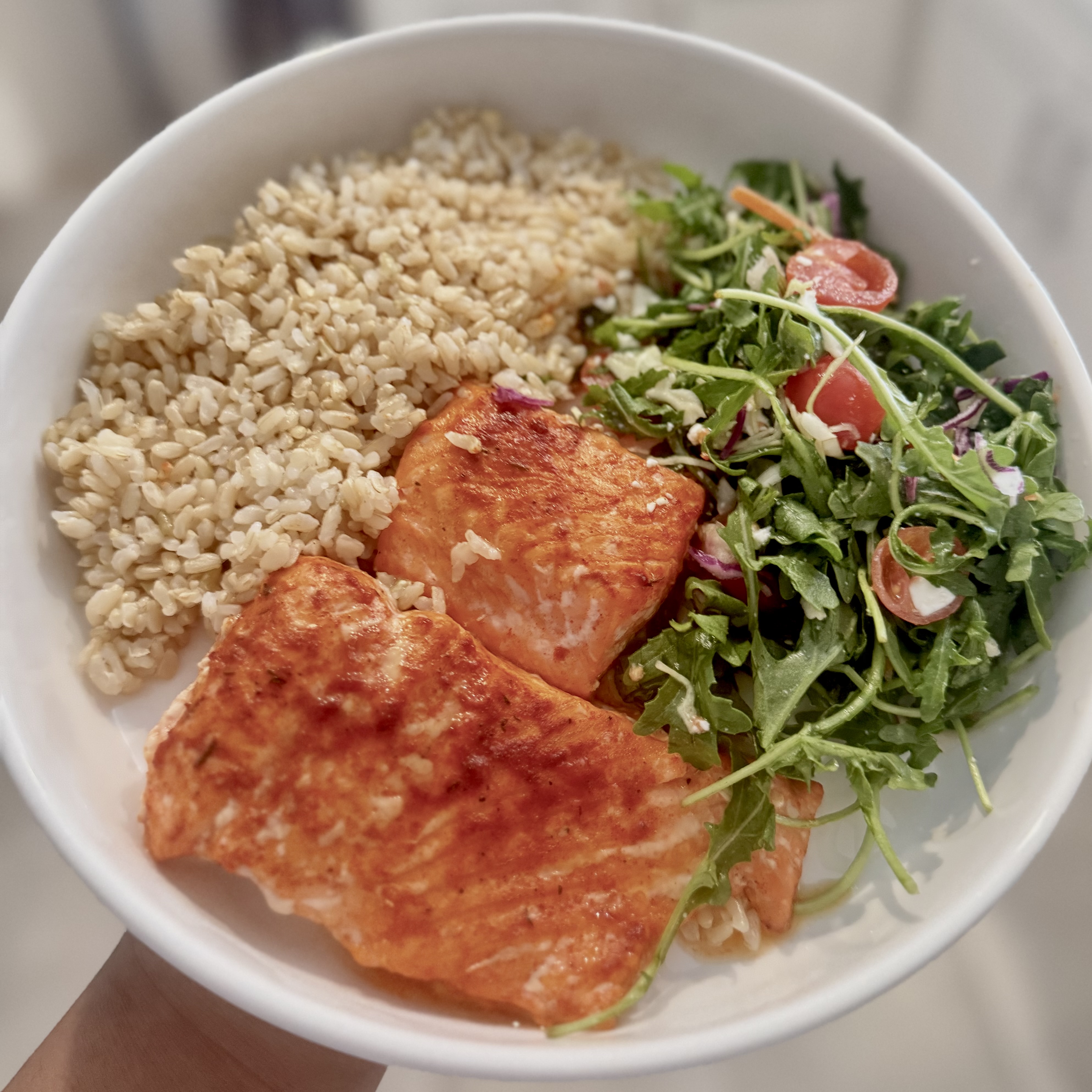 salmon, fresh salad and brown brice
